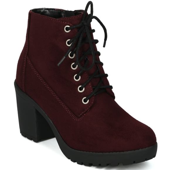 Wine/Burgundy Ankle combat high heel laced boots - Picture 5 of 7
